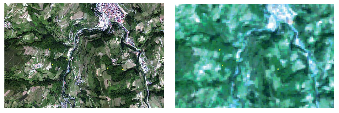Muestras de campo (en amarillo) con visualizaciones en color natural. Izda. Imagen WV2, Dcha. Imagen Landsat 5 TM. La población que se ve al norte es Cangas del Narcea. Se aprecia la diferencia de resolución espacial entre ambas imágenes.© TRAGSATEC 2011.