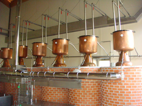 Batería de alquitaras para la destilación artesana de sidra