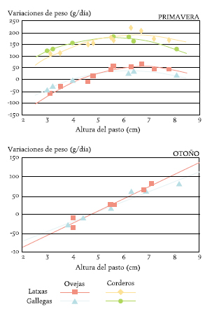 Figura 1b. Variaciones de peso en ovinos de raza gallega y latxa durante la primavera y el otoño