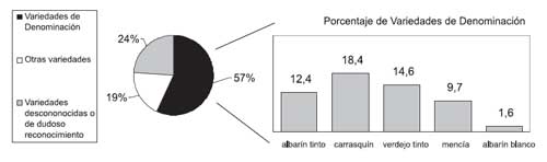 Porcentaje de distribución del muestreo y de las variedades acogidas a la Indicación Geográfica “Vino de la Tierra de Cangas”