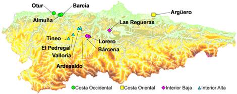Figura 1.- Campos experimentales representativos de las cuatro diferentes zonas edafoclimáticas de Asturias, en el periodo 1996-2010
